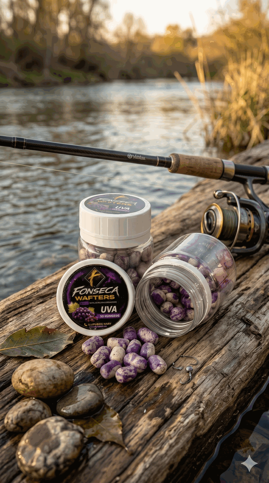 Pote Wafters Fonseca sabor Uva no rio com vara de pesca - Iscas artesanais 8mm